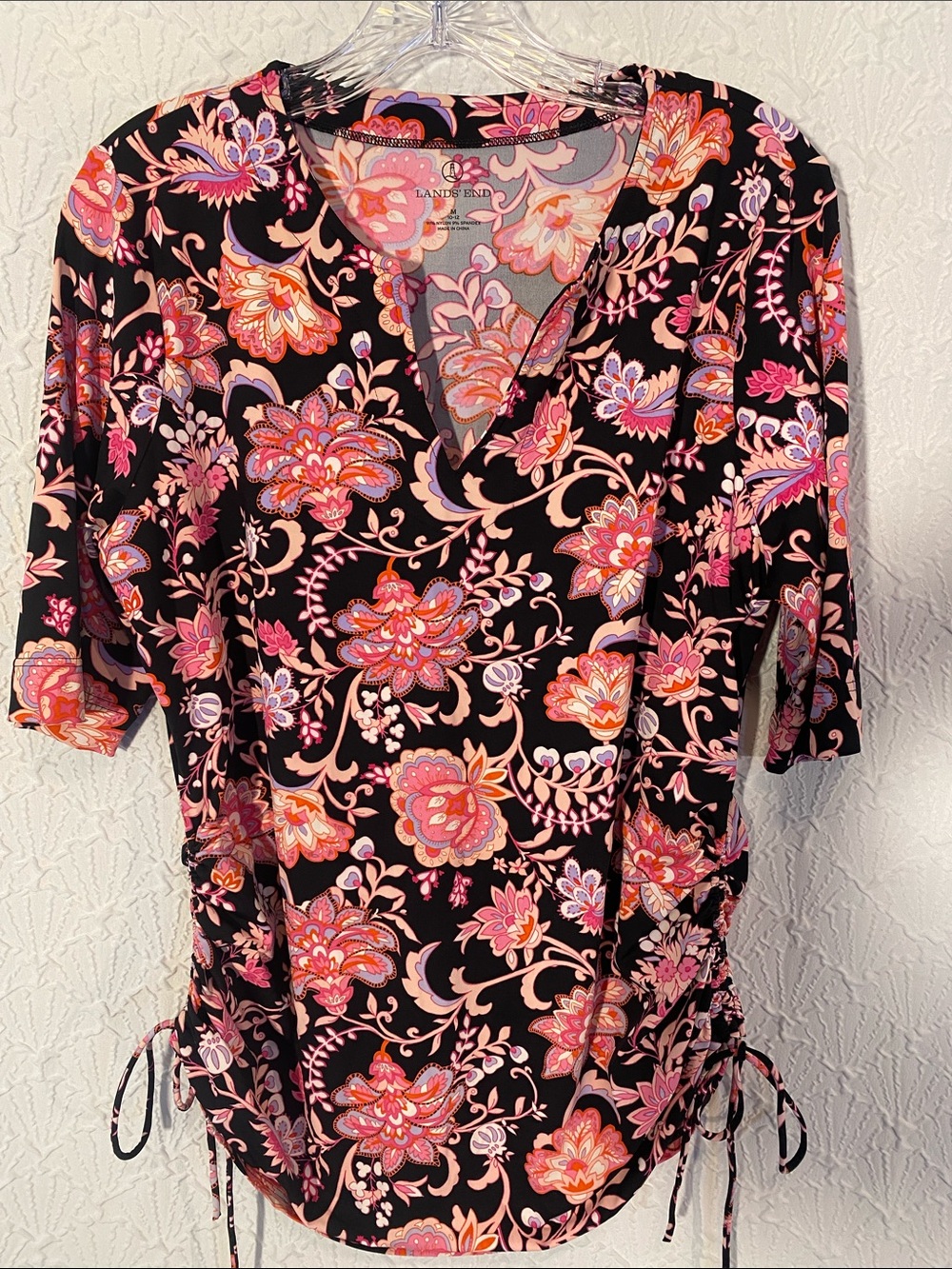 Lands' End Black Floral V-Neck Drawstring Blouse with Pink and Orange Accents